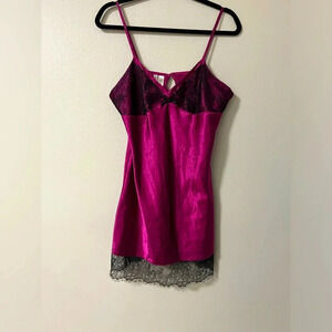 90s silky lingerie slip dress fuchsia with black lace trim nightgown size large